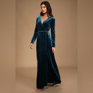 Jacinda Velvet Teal Blue Wrap Maxi Dress